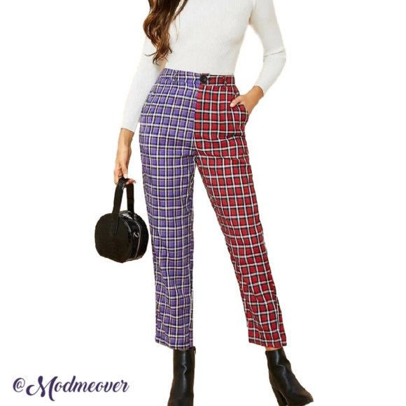 Mod Me Over Pants - NEW High Waist Plaid Colorblock Red & Purple Pants